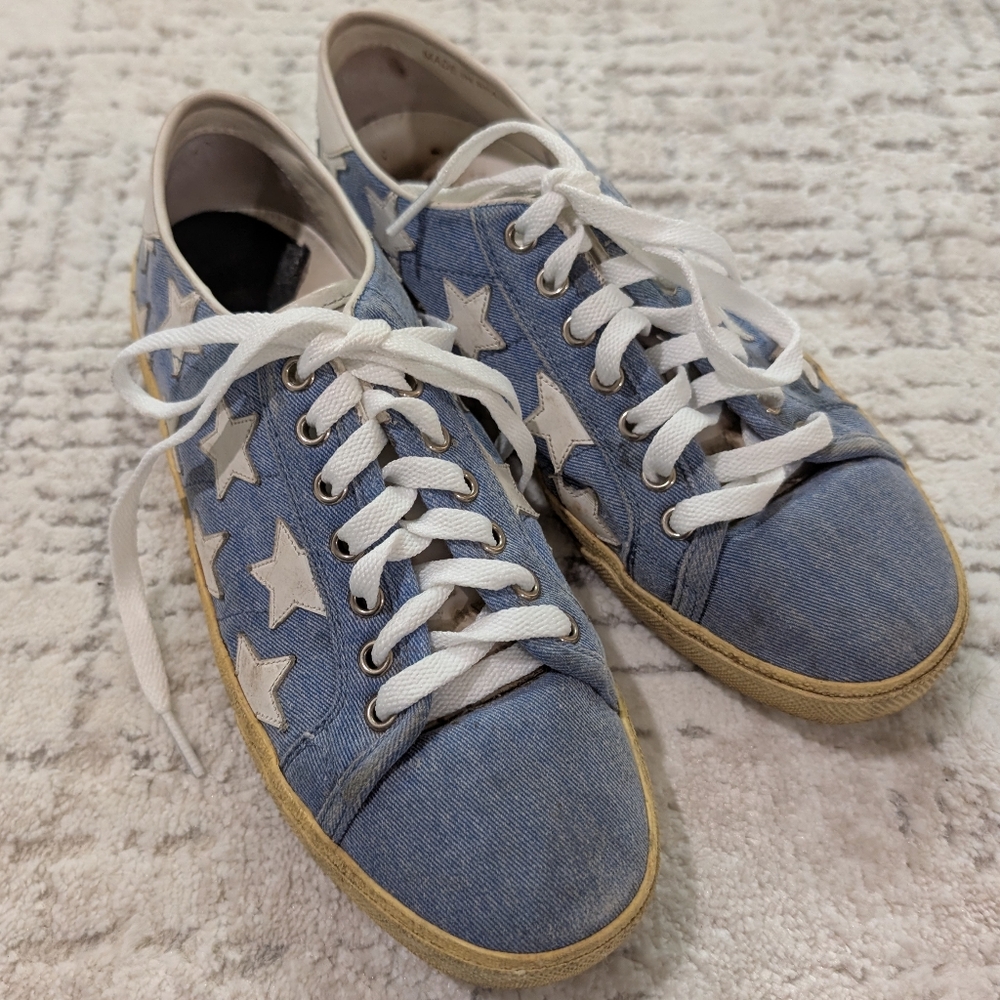 Saint Laurent Denim Blue Star Sneakers with White Laces Size 38